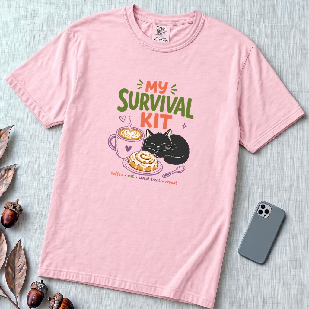 My Survival Kit Coffee Cat Sweet Treat T-Shirt - Blossom unfolded t-shirt mockup