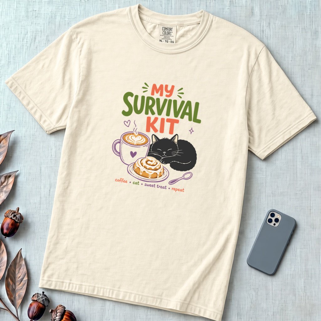 My Survival Kit Coffee Cat Sweet Treat T-Shirt - Ivory unfolded t-shirt mockup