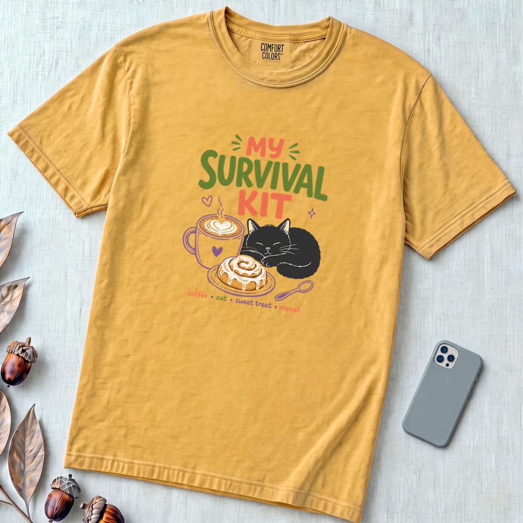 My Survival Kit Coffee Cat Sweet Treat T-Shirt - Mustard unfolded t-shirt mockup