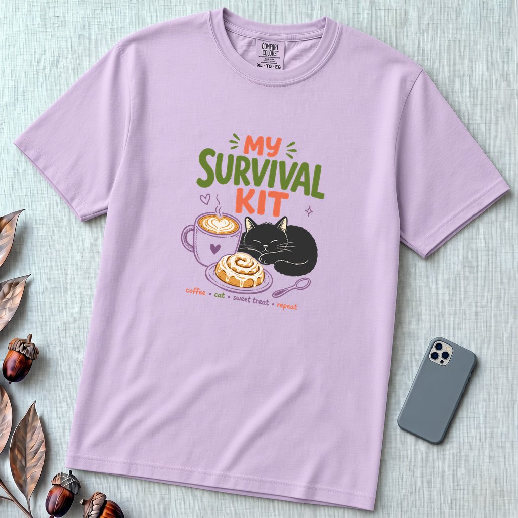 My Survival Kit Coffee Cat Sweet Treat T-Shirt - Orchid unfolded t-shirt mockup