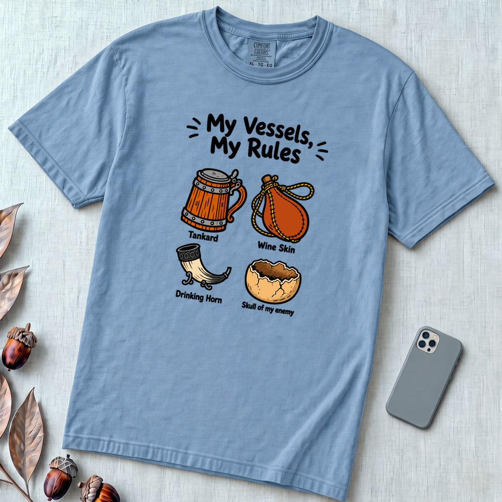 My Vessels My Rules T-Shirt, Viking Humor - Washed Denim unfolded t-shirt mockup