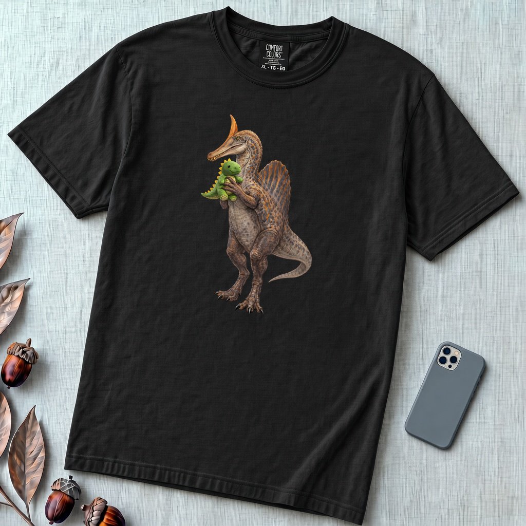 Newly discovered Spinosaurus Mirabilis dinosaur T-Shirt - Black unfolded t-shirt mockup