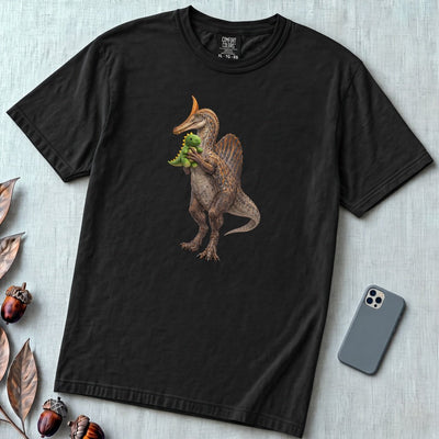 Newly discovered Spinosaurus Mirabilis dinosaur T-Shirt - Black unfolded t-shirt mockup