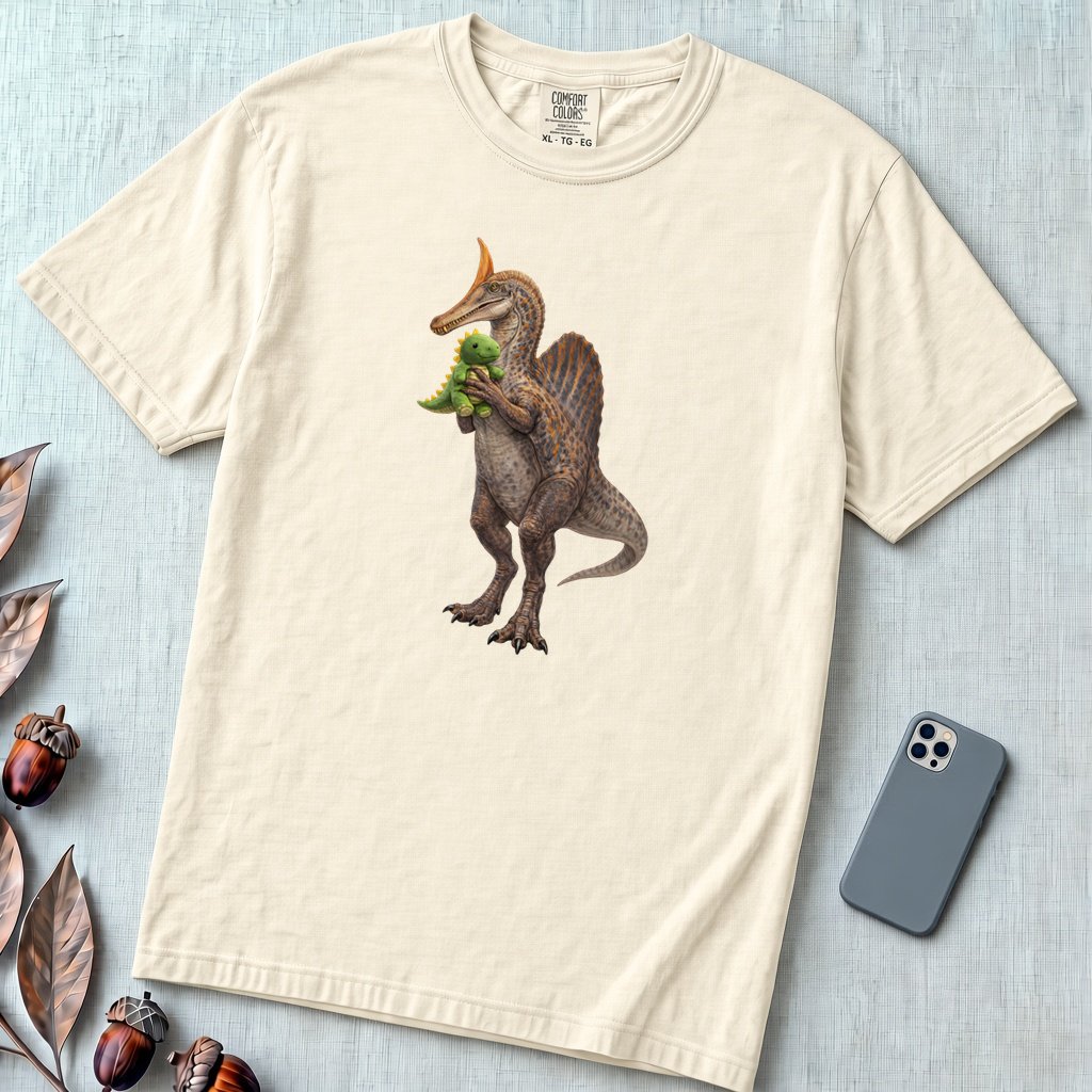 Newly discovered Spinosaurus Mirabilis dinosaur T-Shirt - Ivory unfolded t-shirt mockup