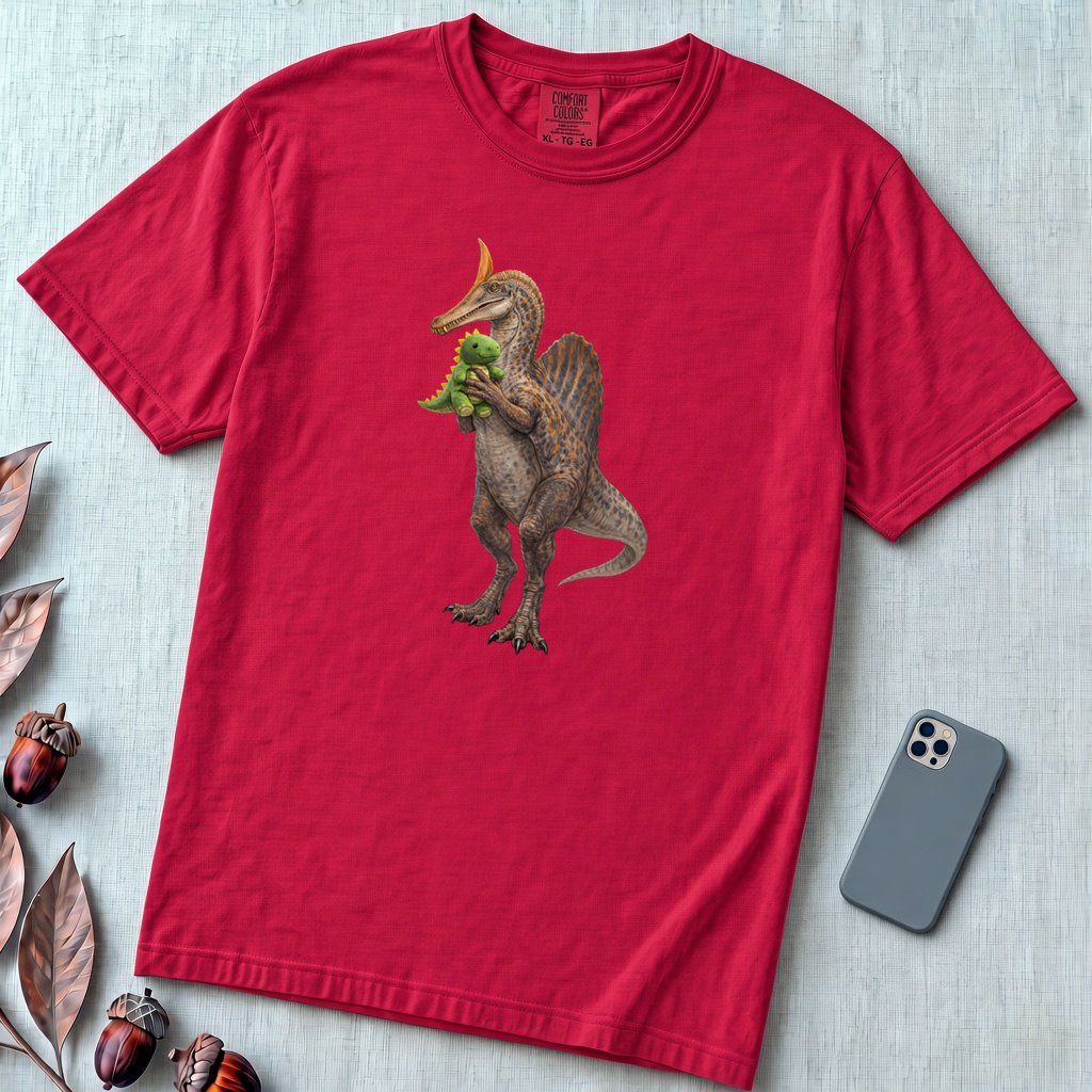 Newly discovered Spinosaurus Mirabilis dinosaur T-Shirt - Red unfolded t-shirt mockup