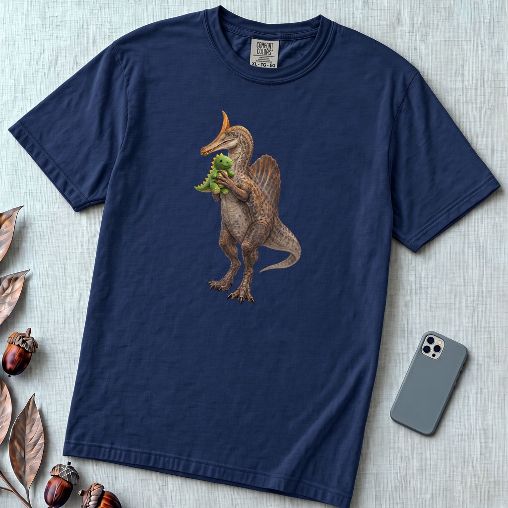 Newly discovered Spinosaurus Mirabilis dinosaur T-Shirt - True Navy unfolded t-shirt mockup