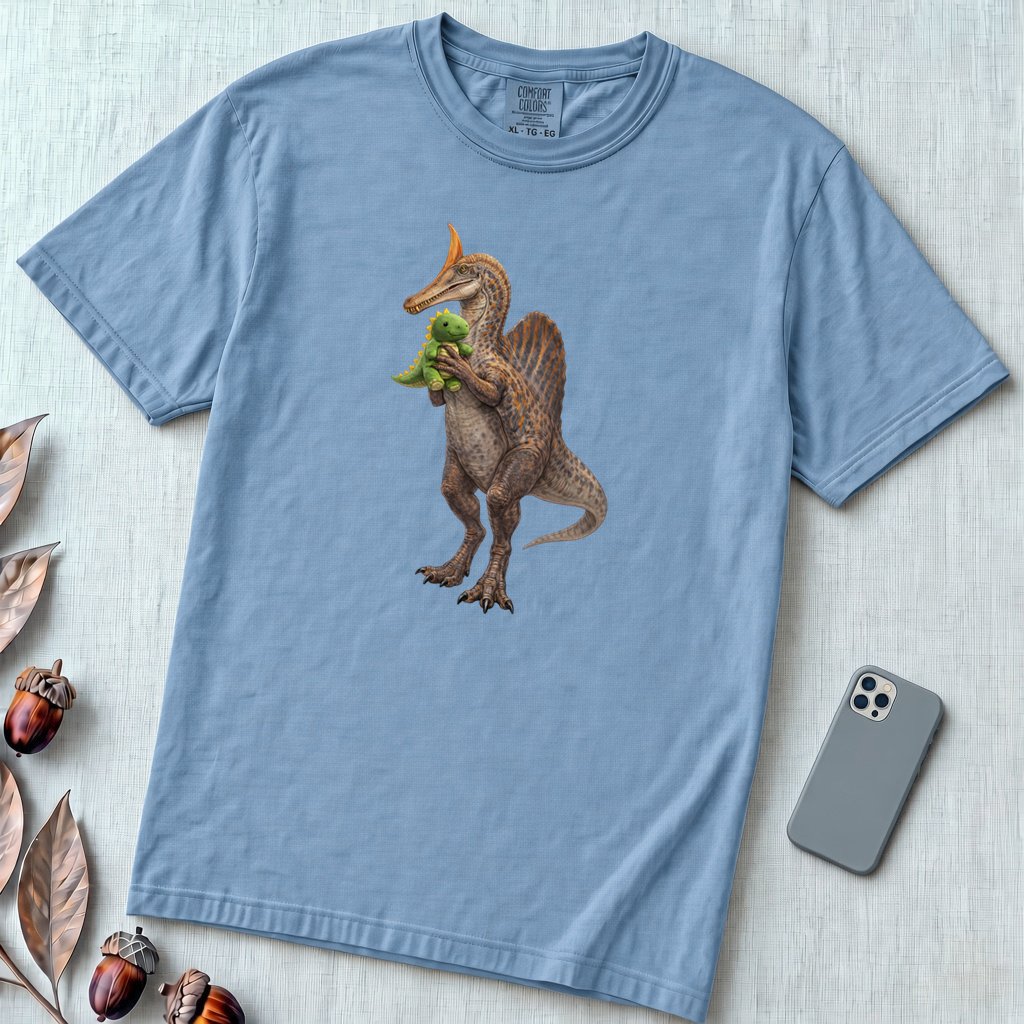 Newly discovered Spinosaurus Mirabilis dinosaur T-Shirt - Washed Denim unfolded t-shirt mockup