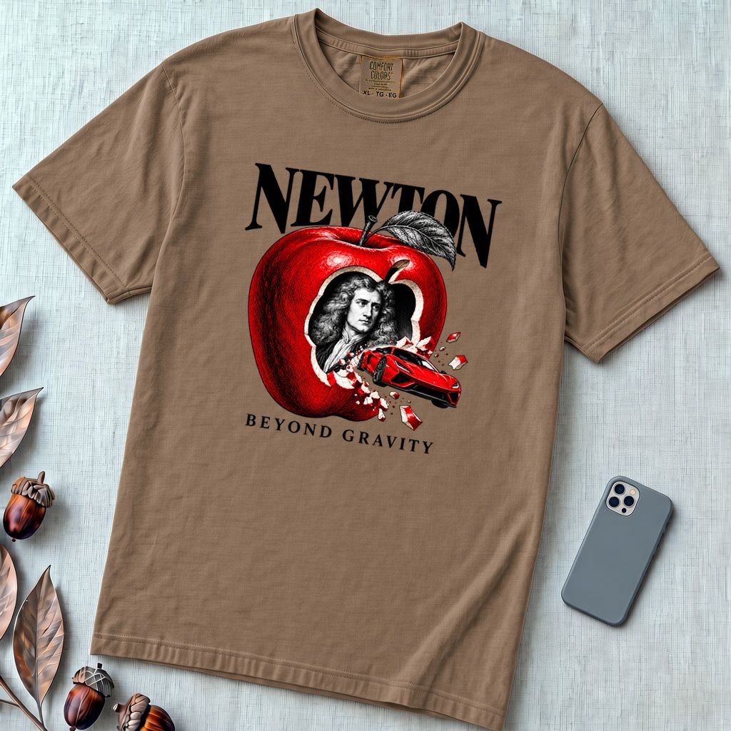 Newton Beyond Gravity Flying Car T-Shirt - Espresso unfolded t-shirt mockup