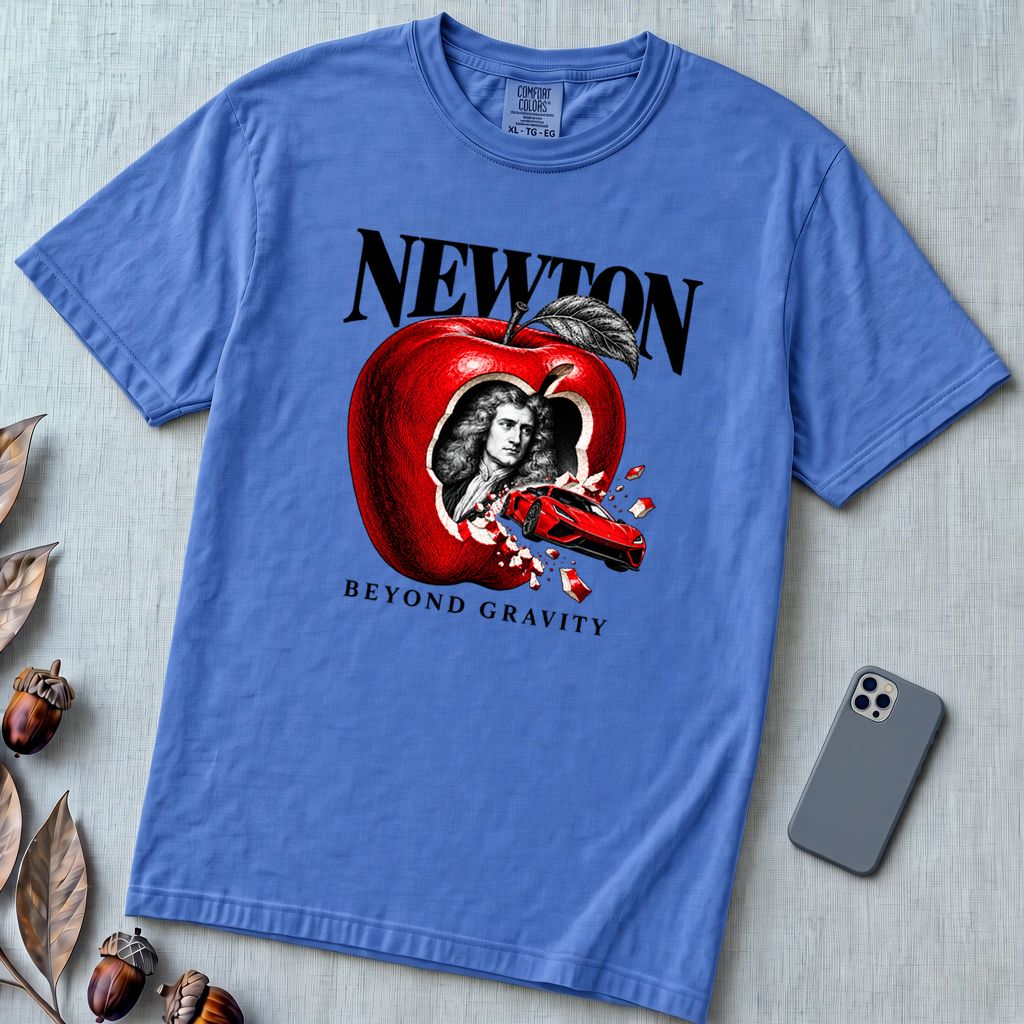 Newton Beyond Gravity Flying Car T-Shirt - Flo Blue unfolded t-shirt mockup