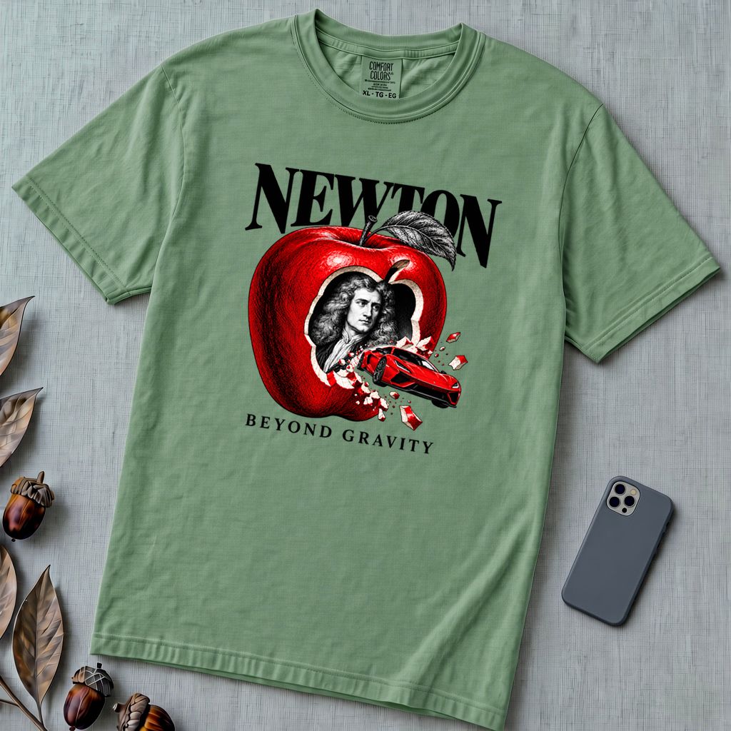 Newton Beyond Gravity Flying Car T-Shirt - Light Green unfolded t-shirt mockup