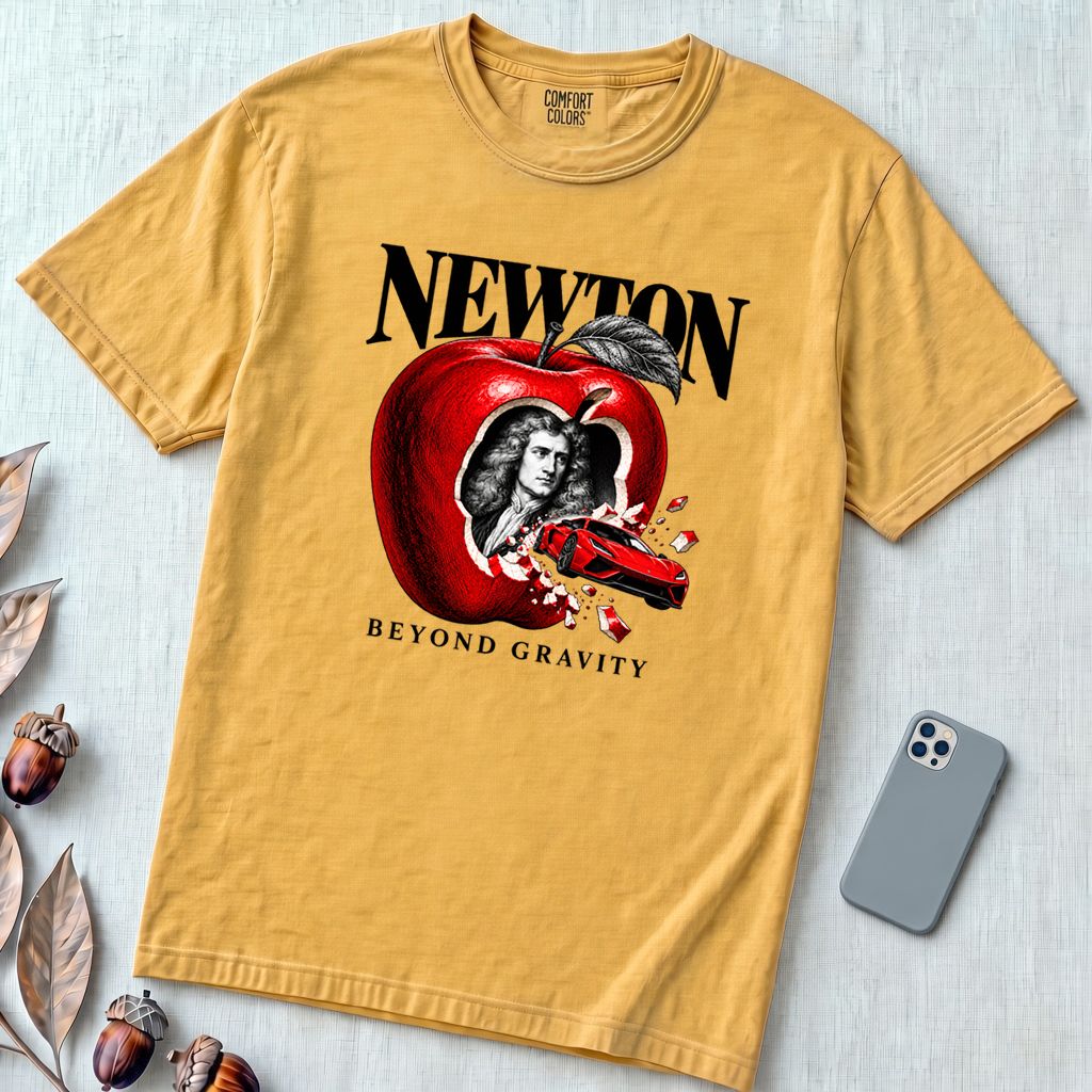 Newton Beyond Gravity Flying Car T-Shirt - Mustard unfolded t-shirt mockup