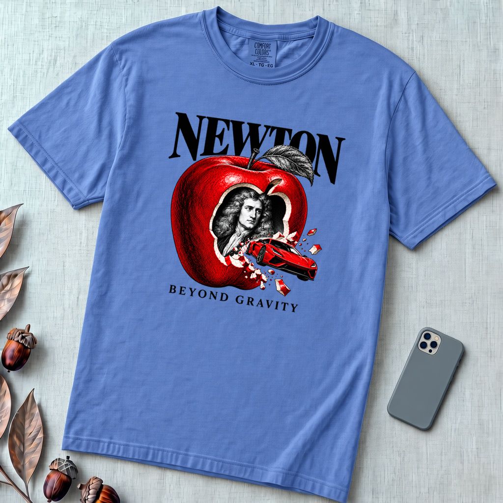 Newton Beyond Gravity Flying Car T-Shirt - Mystic Blue unfolded t-shirt mockup