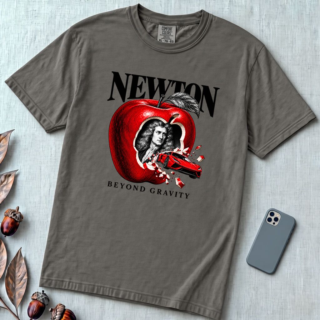 Newton Beyond Gravity Flying Car T-Shirt - Pepper unfolded t-shirt mockup