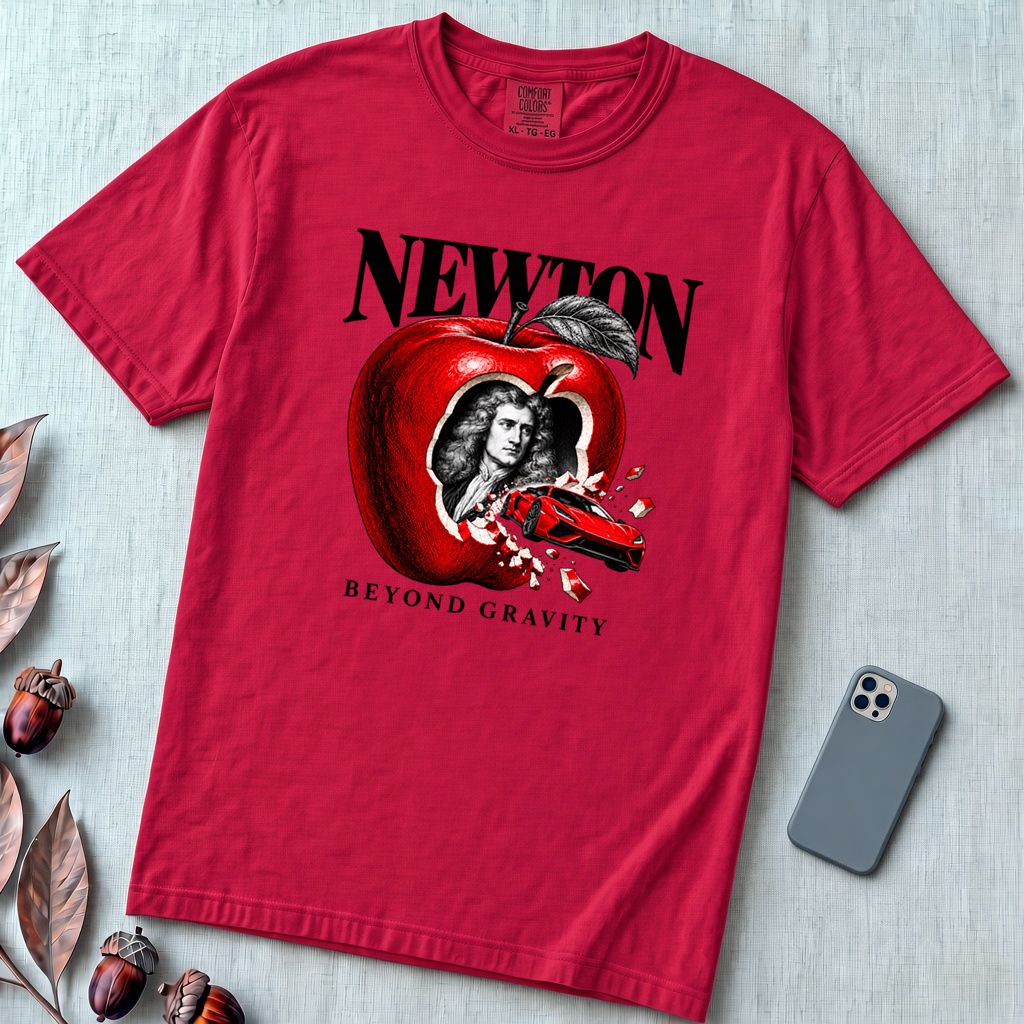 Newton Beyond Gravity Flying Car T-Shirt - Red unfolded t-shirt mockup