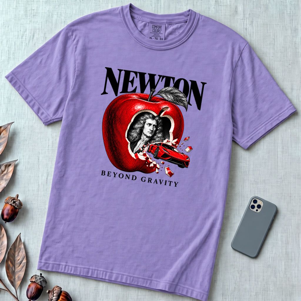 Newton Beyond Gravity Flying Car T-Shirt - Violet unfolded t-shirt mockup