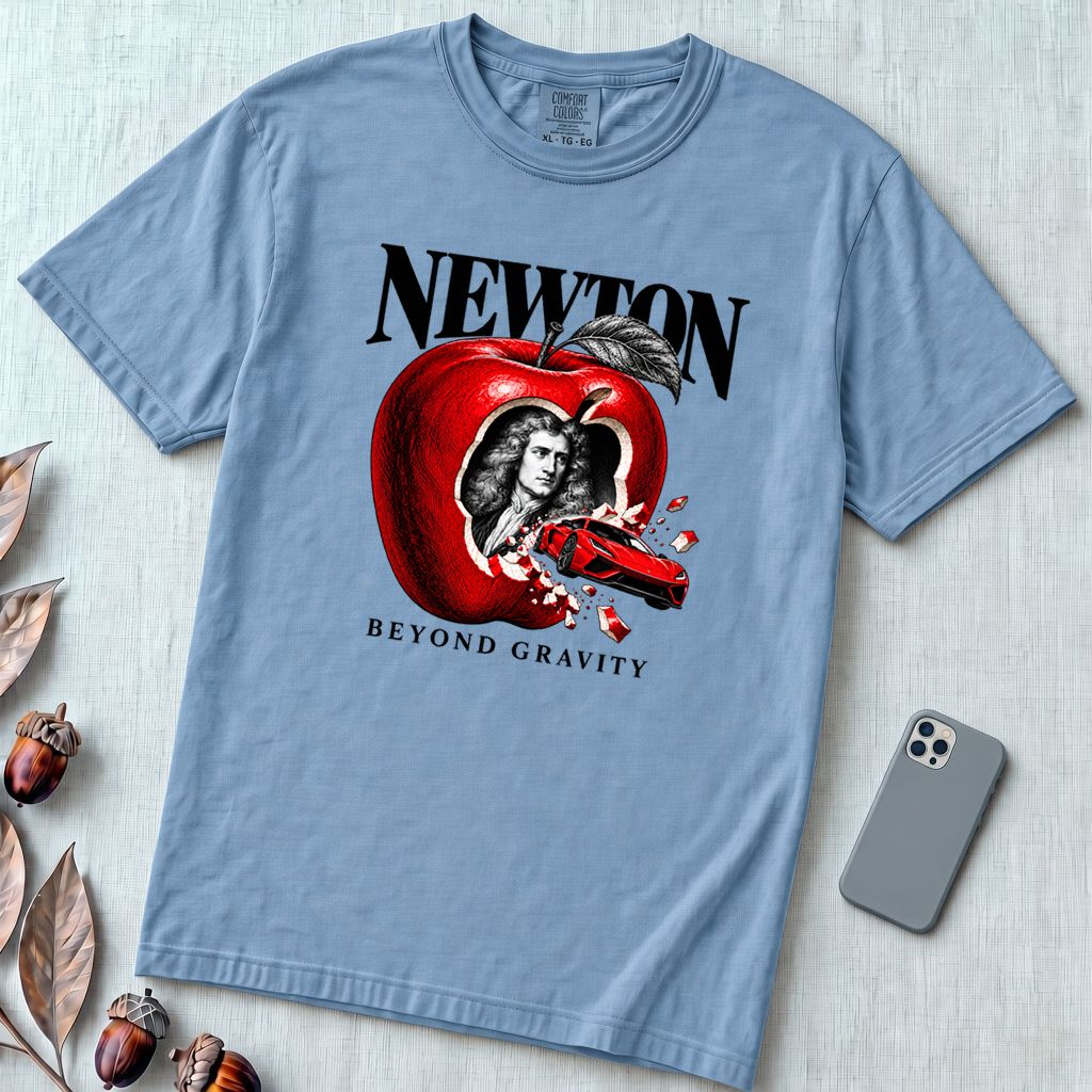 Newton Beyond Gravity Flying Car T-Shirt - Washed Denim unfolded t-shirt mockup