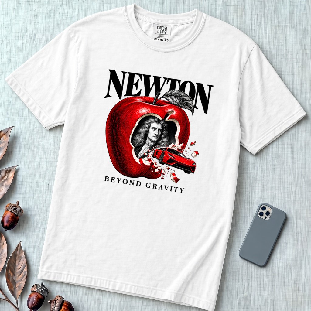 Newton Beyond Gravity Flying Car T-Shirt - White unfolded t-shirt mockup