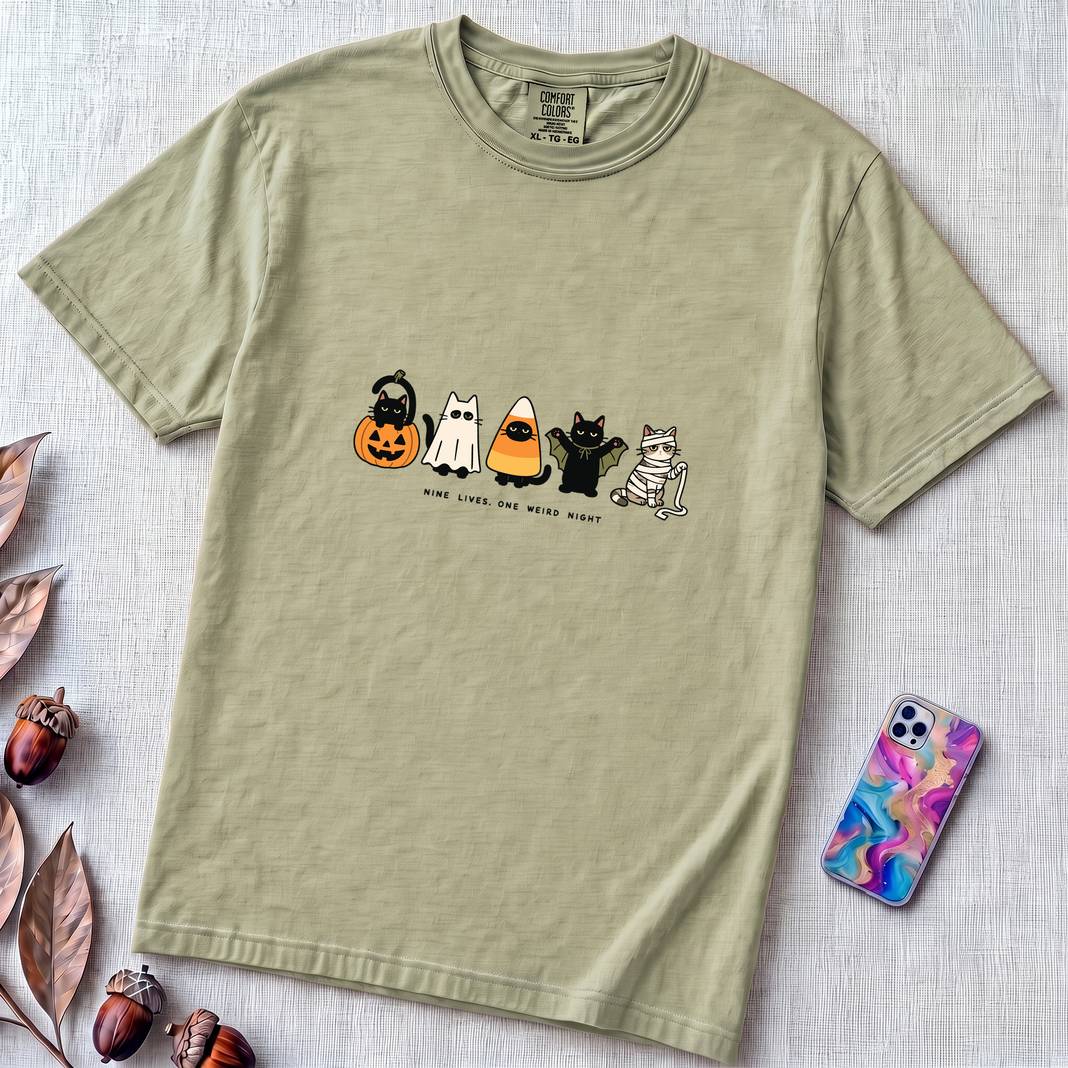 Nine Lives, One Weird Night Halloween Cat T-Shirt - Bay unfolded t-shirt mockup
