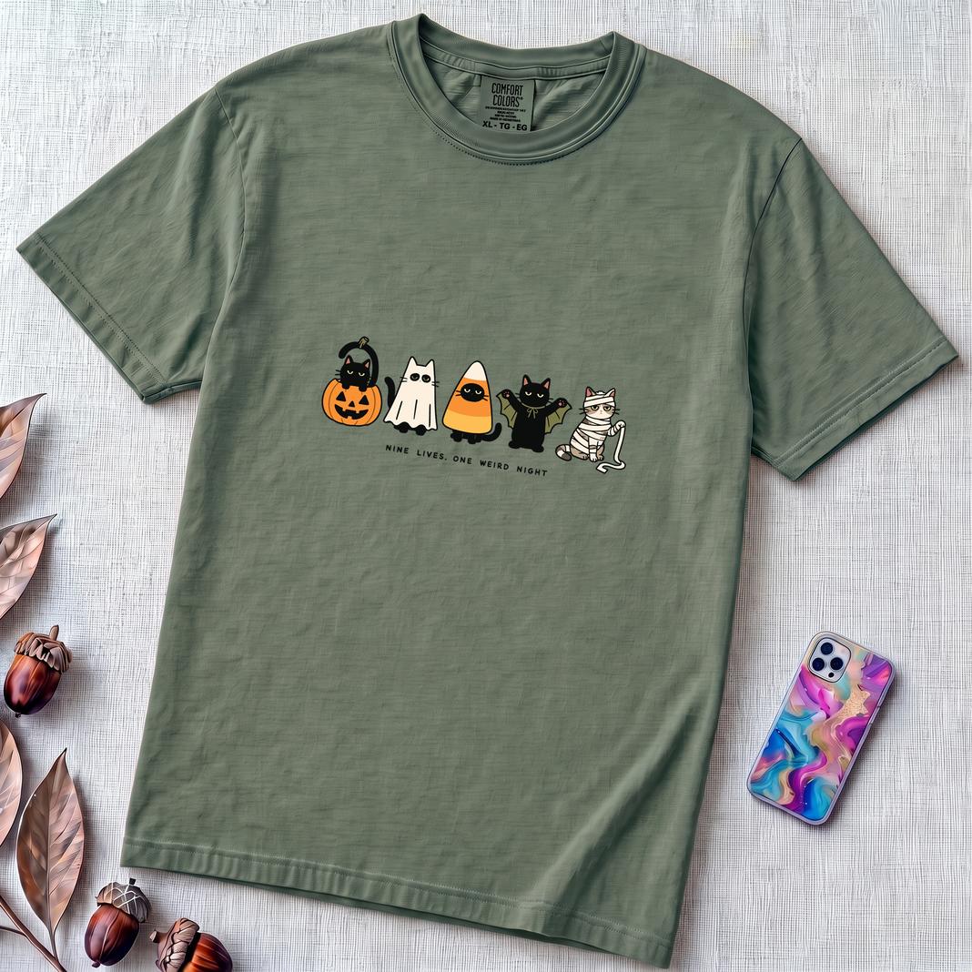 Nine Lives, One Weird Night Halloween Cat T-Shirt - Blue Spruce unfolded t-shirt mockup