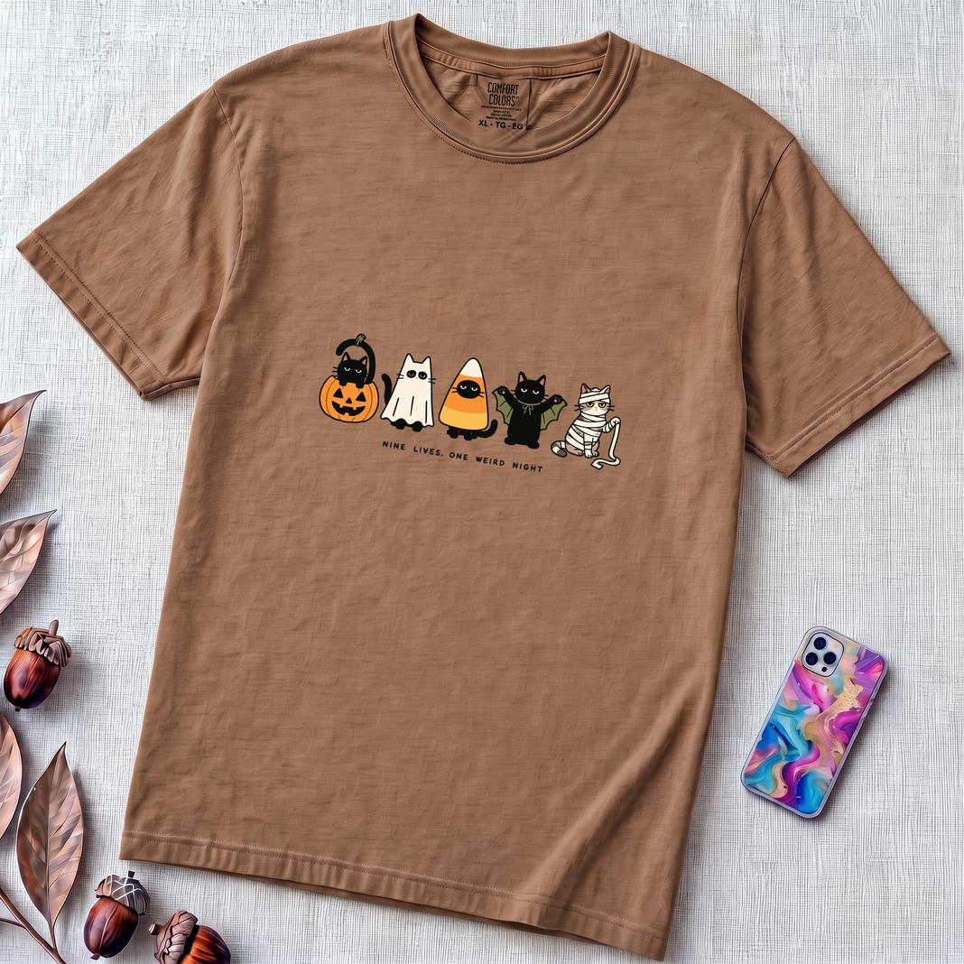 Nine Lives, One Weird Night Halloween Cat T-Shirt - Espresso unfolded t-shirt mockup