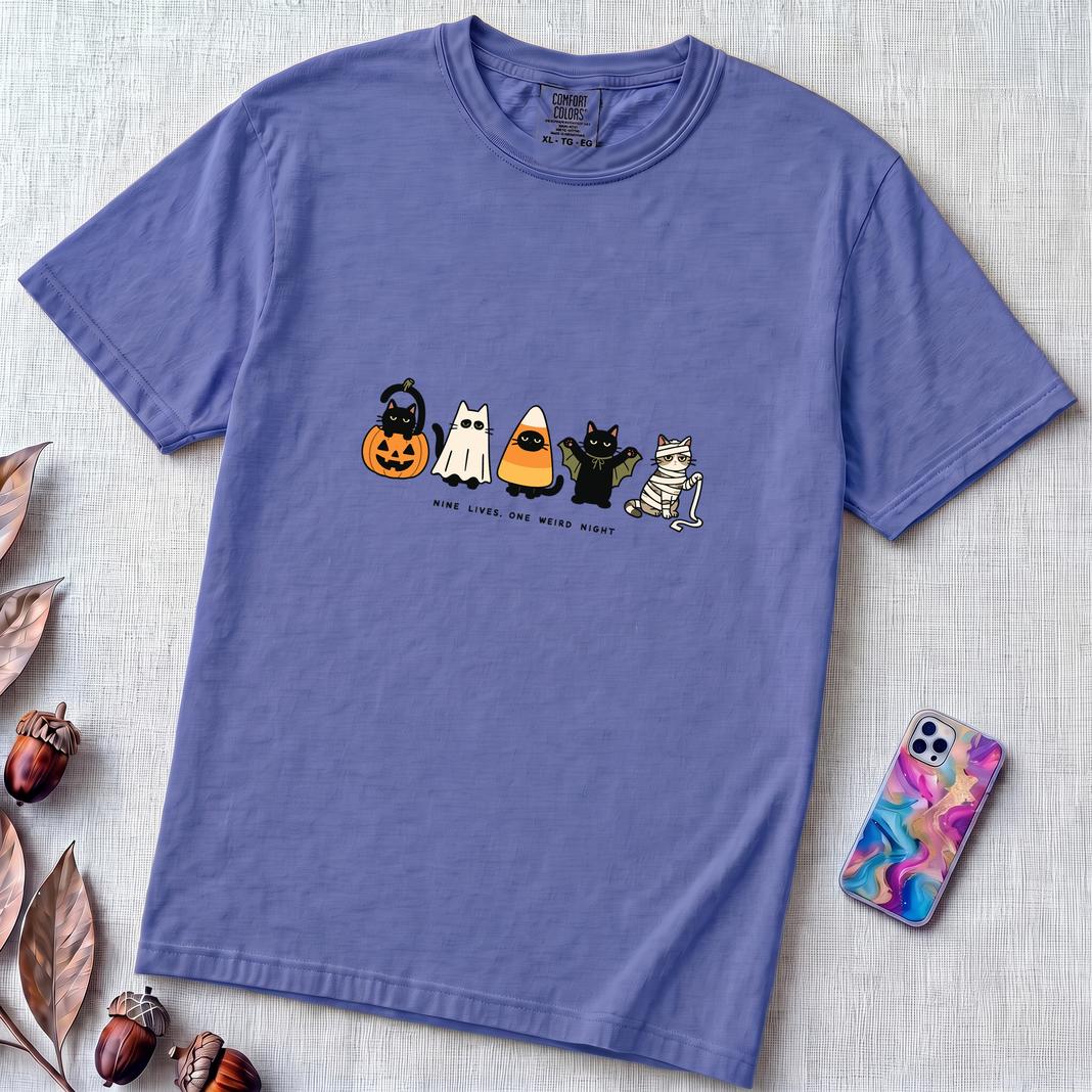 Nine Lives, One Weird Night Halloween Cat T-Shirt - Flo Blue unfolded t-shirt mockup