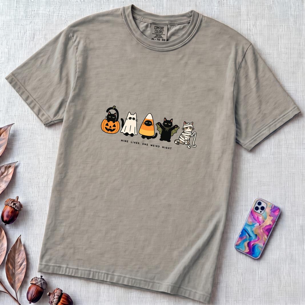 Nine Lives, One Weird Night Halloween Cat T-Shirt - Granite unfolded t-shirt mockup