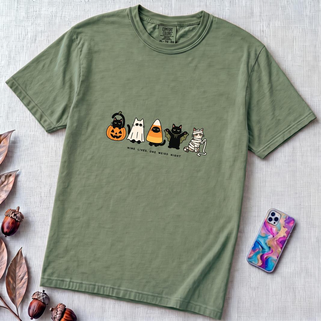 Nine Lives, One Weird Night Halloween Cat T-Shirt - Light Green unfolded t-shirt mockup