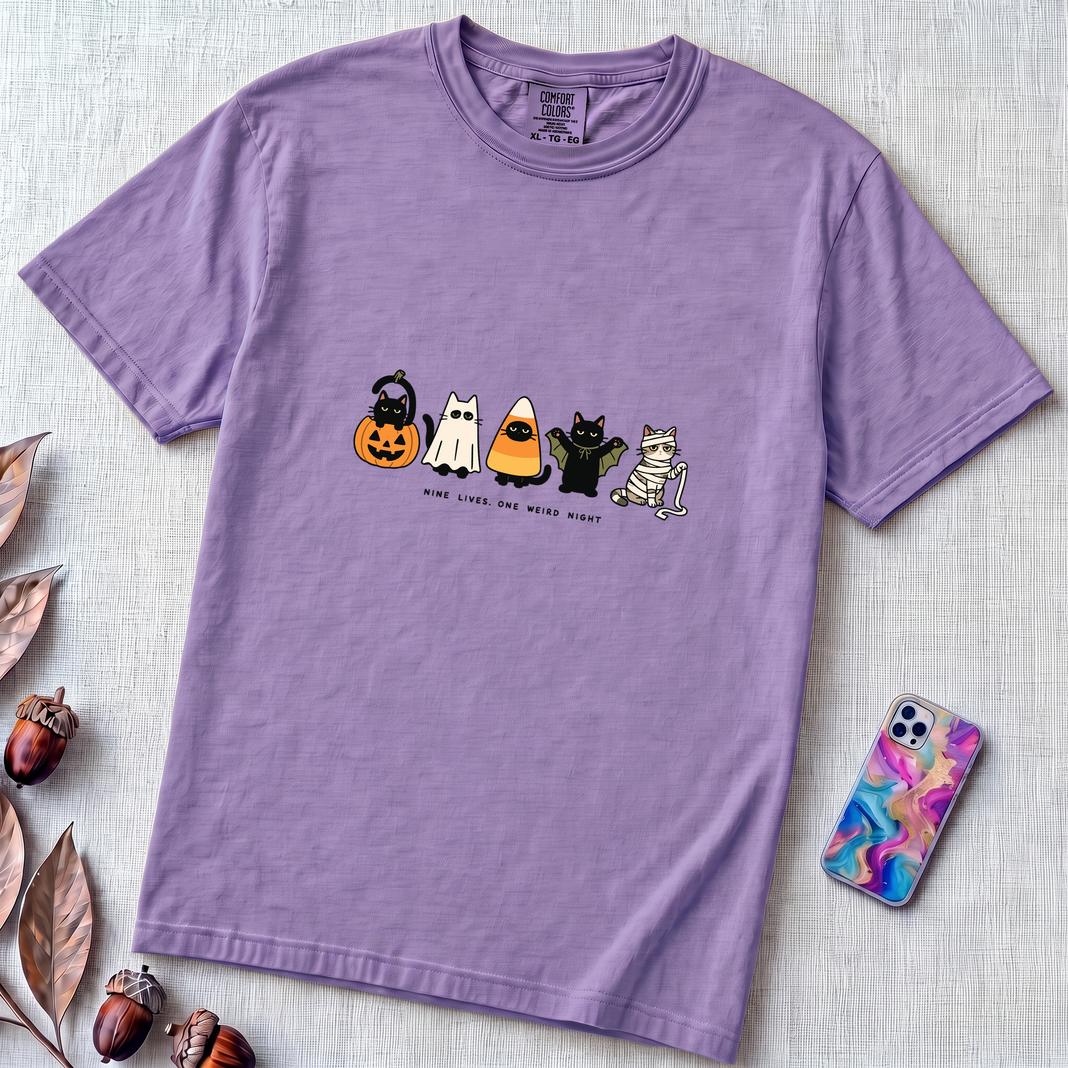 Nine Lives, One Weird Night Halloween Cat T-Shirt - Violet unfolded t-shirt mockup