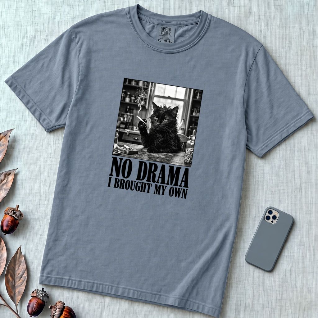 No Drama I Brought My Own Cat T-Shirt - Blue Jean unfolded t-shirt mockup