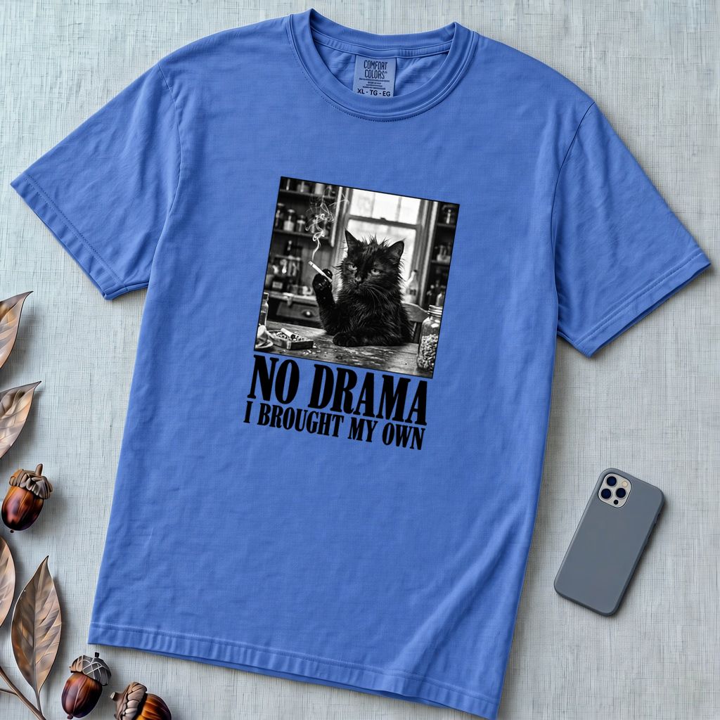 No Drama I Brought My Own Cat T-Shirt - Flo Blue unfolded t-shirt mockup