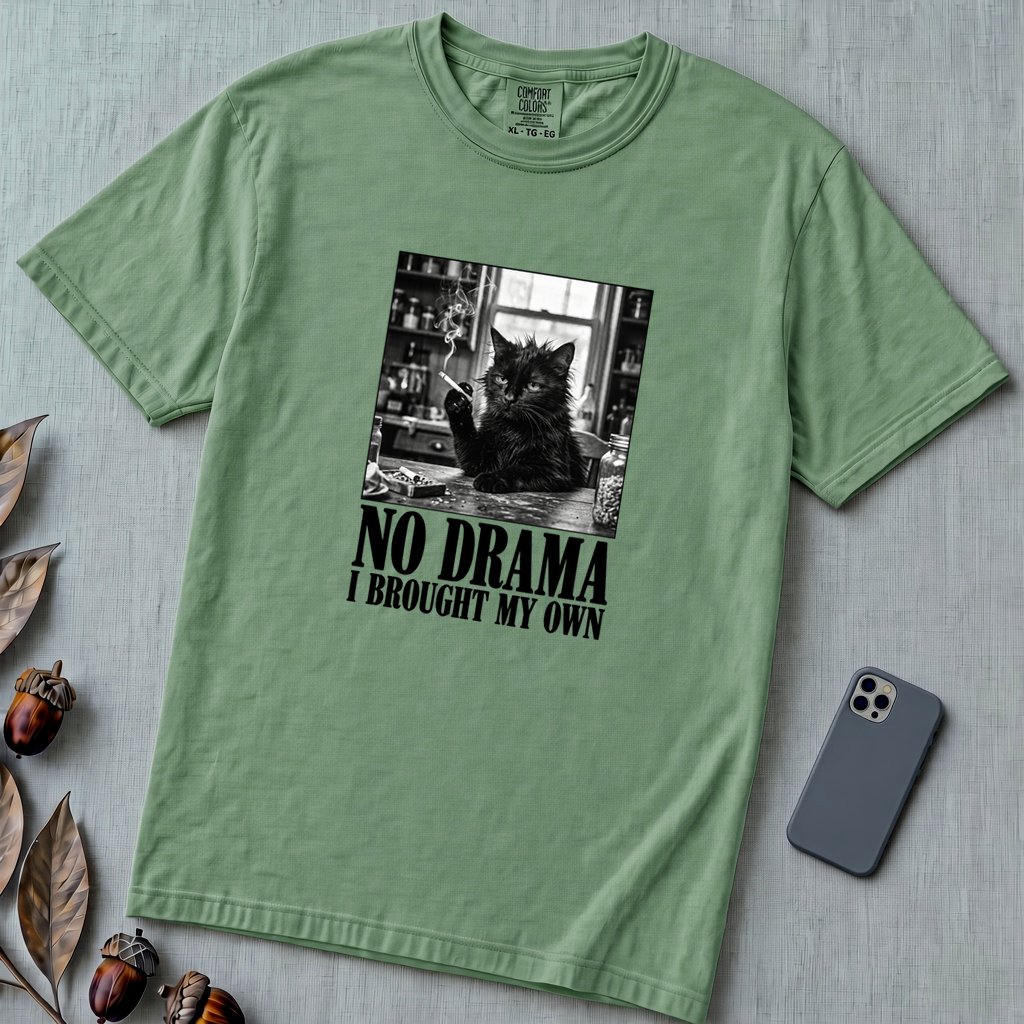 No Drama I Brought My Own Cat T-Shirt - Light Green unfolded t-shirt mockup