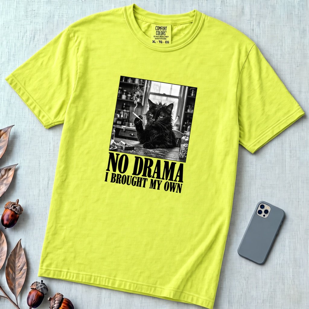 No Drama I Brought My Own Cat T-Shirt - Neon Lemon unfolded t-shirt mockup