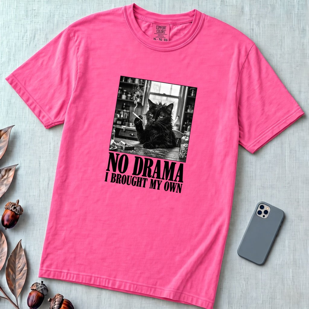 No Drama I Brought My Own Cat T-Shirt - Neon Pink unfolded t-shirt mockup
