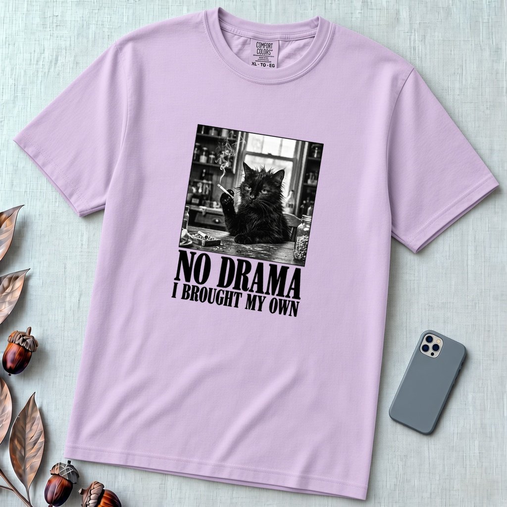 No Drama I Brought My Own Cat T-Shirt - Orchid unfolded t-shirt mockup
