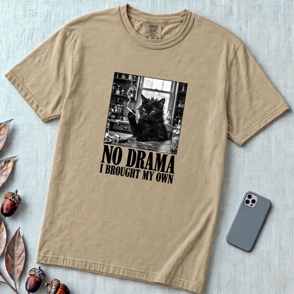 No Drama I Brought My Own Cat T-Shirt - Sandstone unfolded t-shirt mockup