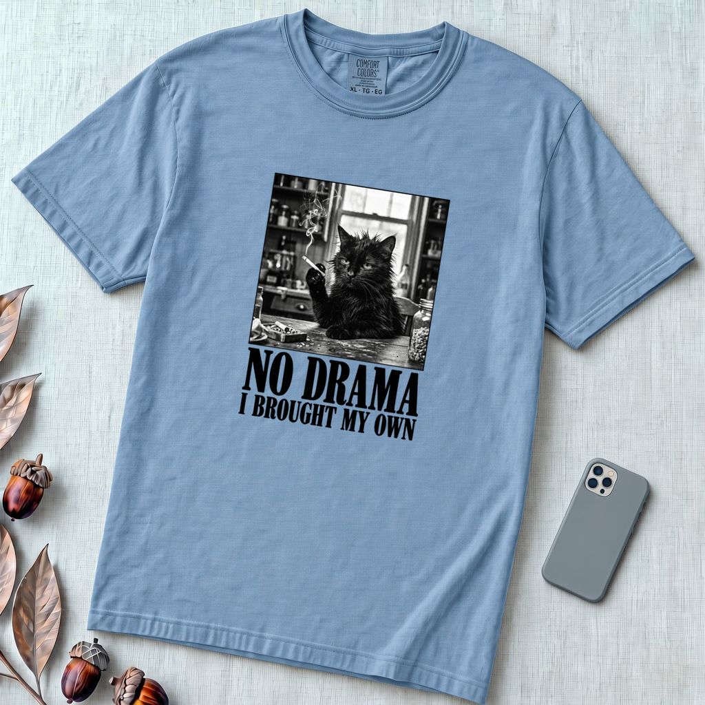 No Drama I Brought My Own Cat T-Shirt - Washed Denim unfolded t-shirt mockup