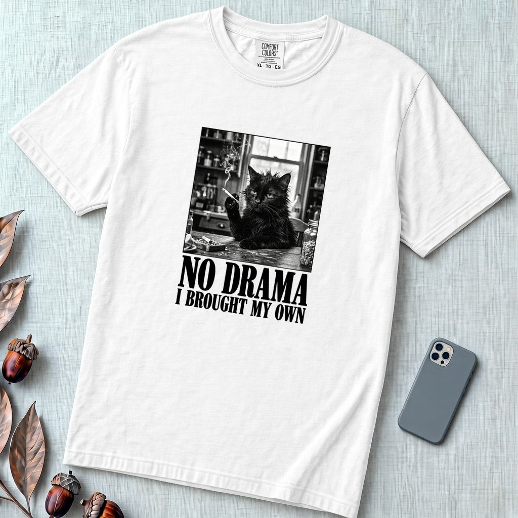No Drama I Brought My Own Cat T-Shirt - White unfolded t-shirt mockup