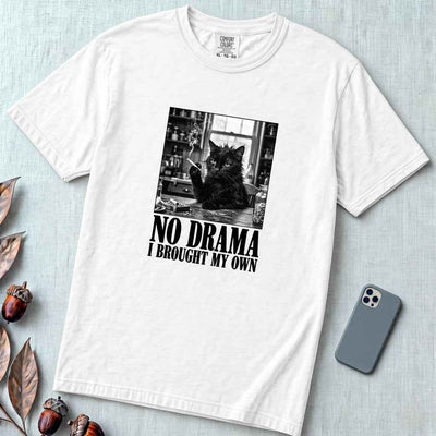 No Drama I Brought My Own Cat T-Shirt - White unfolded t-shirt mockup