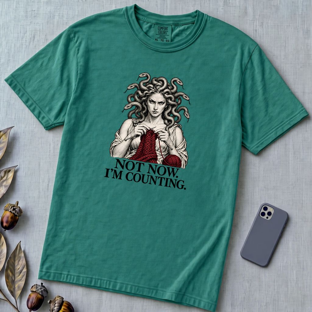 Not Now I’m Counting Medusa Knitting T-Shirt - Emerald unfolded t-shirt mockup