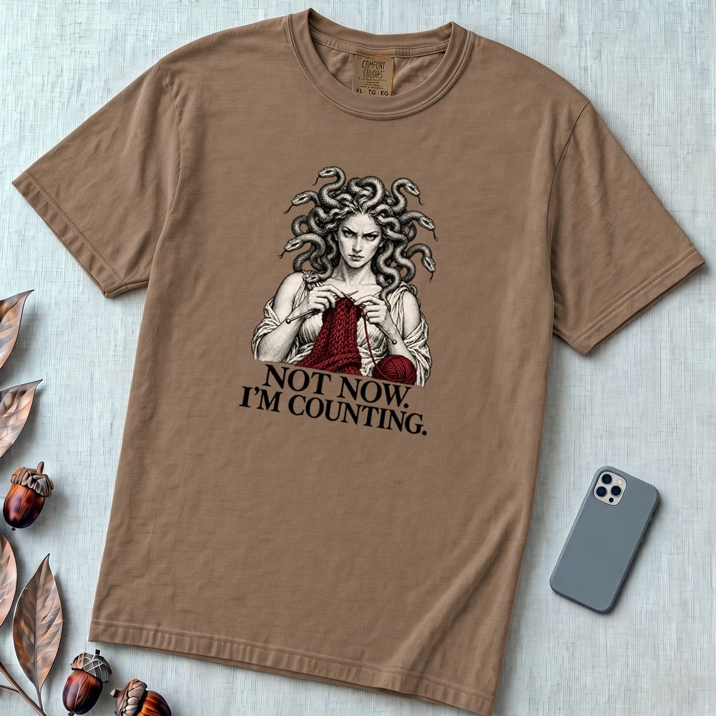Not Now I’m Counting Medusa Knitting T-Shirt - Espresso unfolded t-shirt mockup