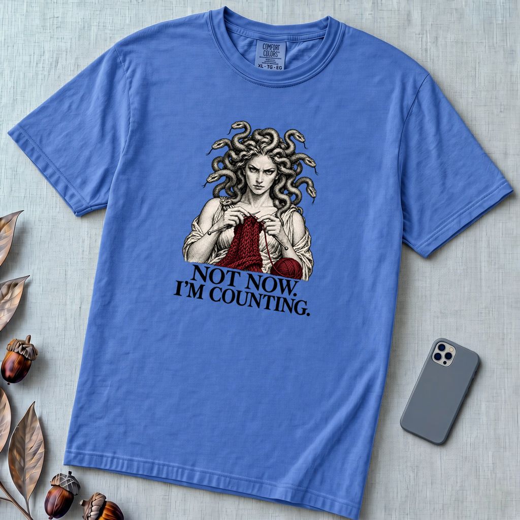 Not Now I’m Counting Medusa Knitting T-Shirt - Flo Blue unfolded t-shirt mockup
