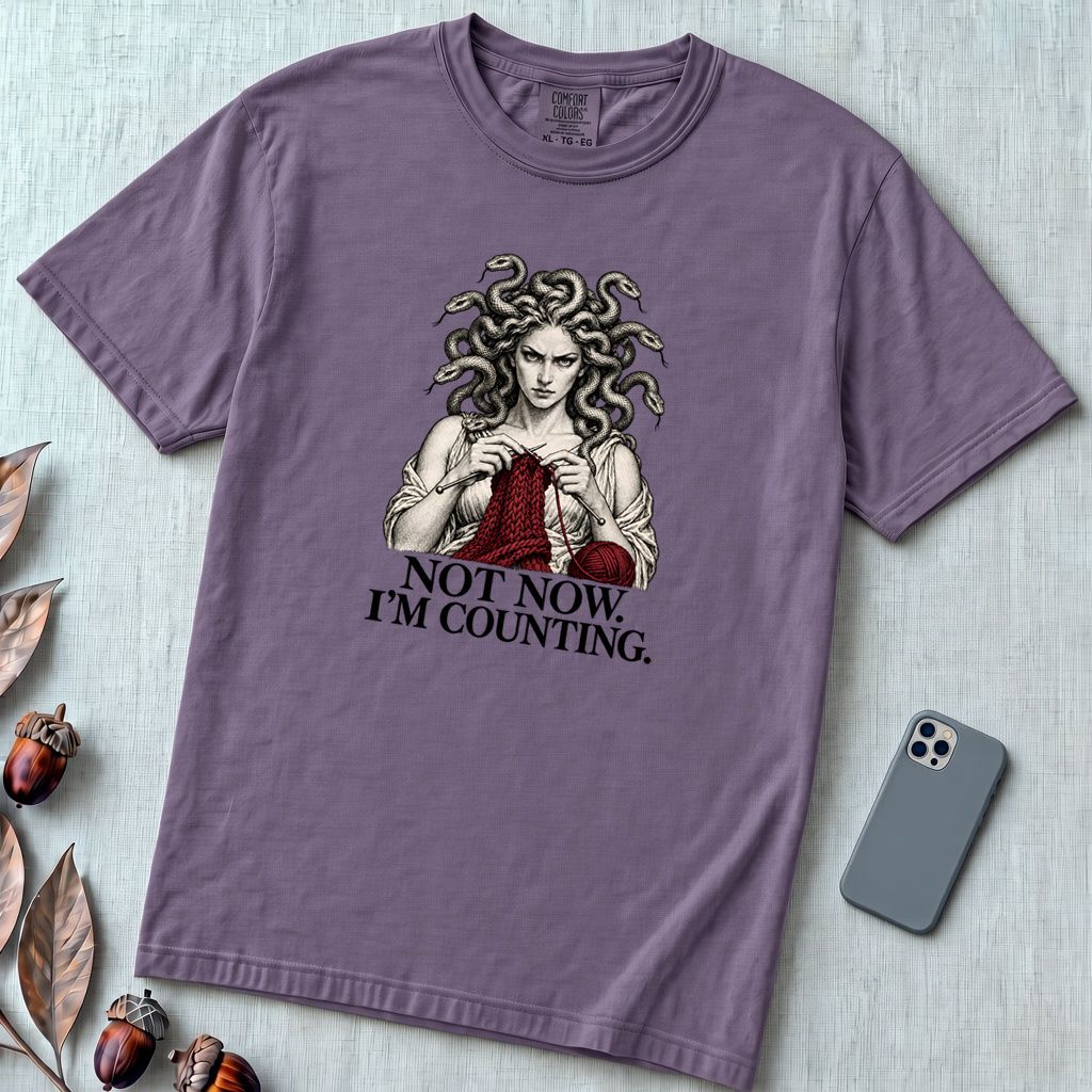 Not Now I’m Counting Medusa Knitting T-Shirt - Grape unfolded t-shirt mockup
