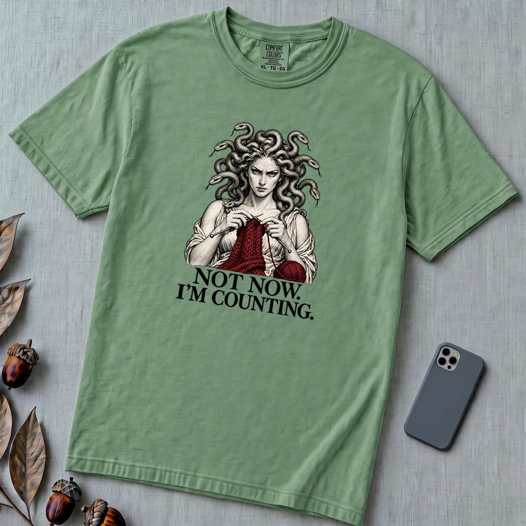 Not Now I’m Counting Medusa Knitting T-Shirt - Light Green unfolded t-shirt mockup