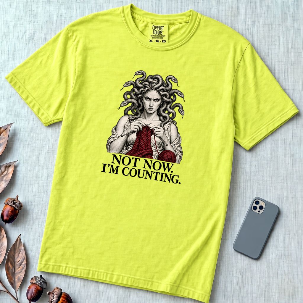 Not Now I’m Counting Medusa Knitting T-Shirt - Neon Lemon unfolded t-shirt mockup