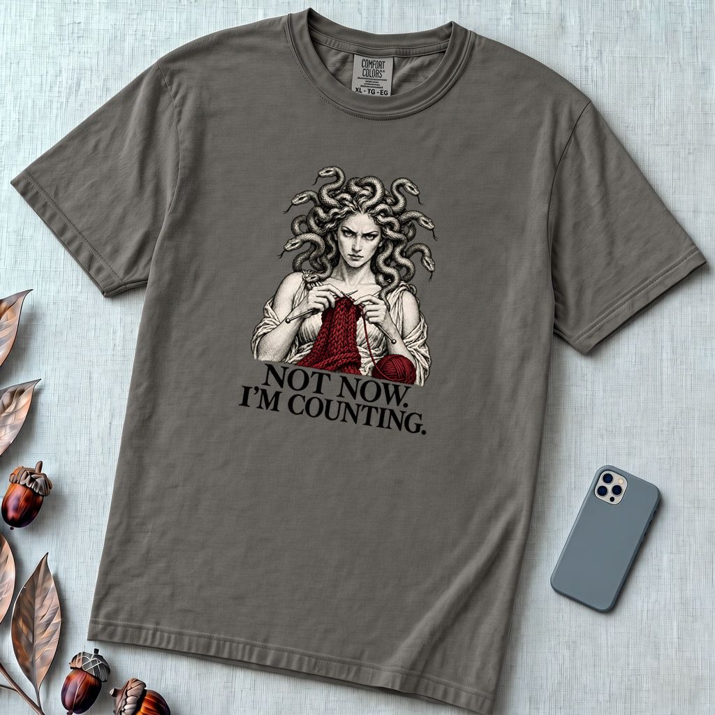 Not Now I’m Counting Medusa Knitting T-Shirt - Pepper unfolded t-shirt mockup