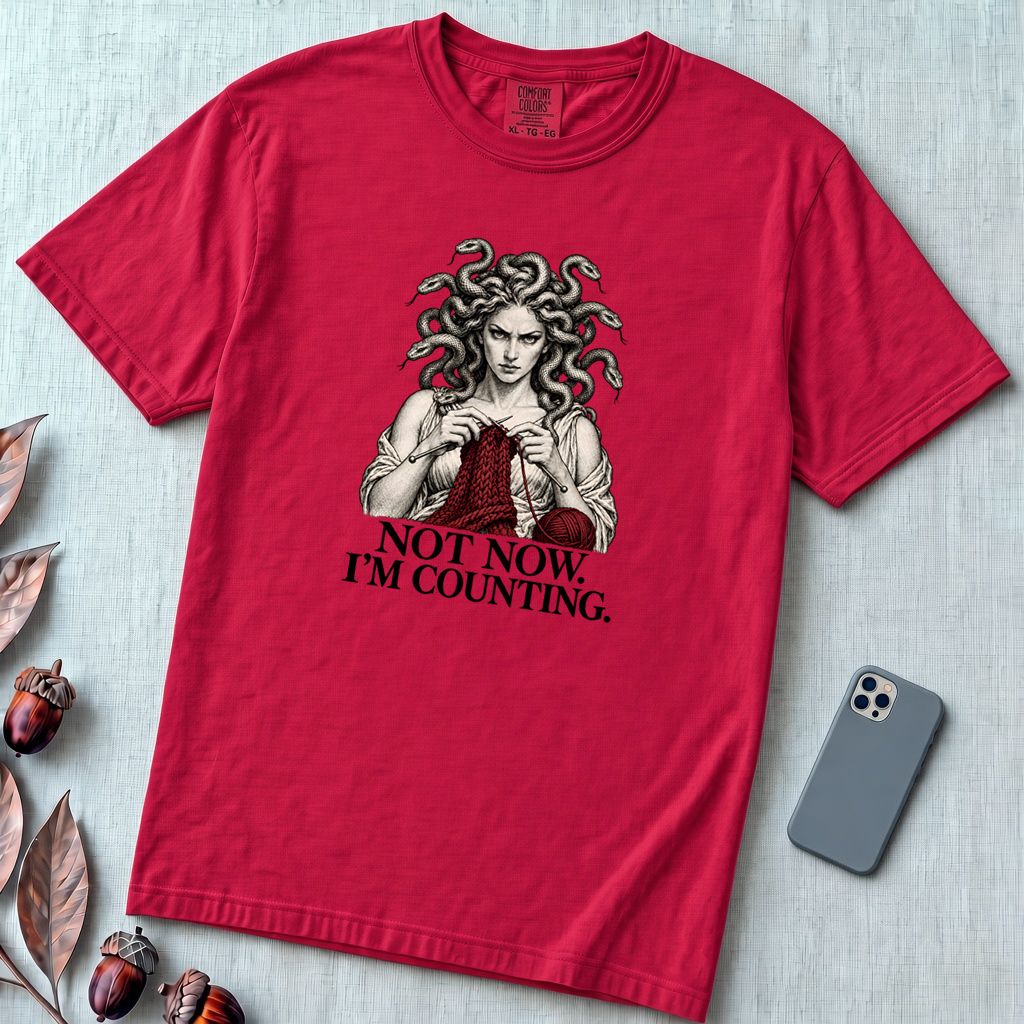 Not Now I’m Counting Medusa Knitting T-Shirt - Red unfolded t-shirt mockup