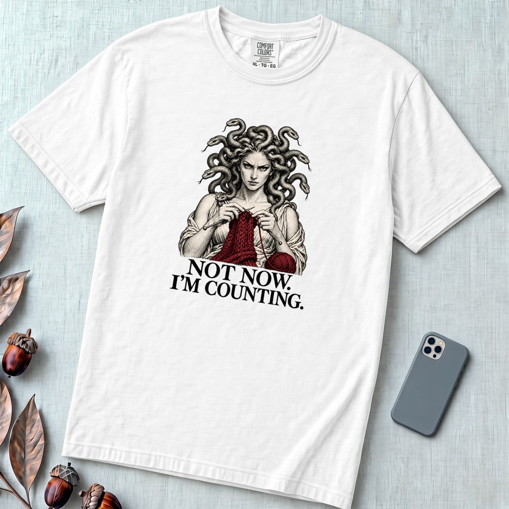 Not Now I’m Counting Medusa Knitting T-Shirt - White unfolded t-shirt mockup