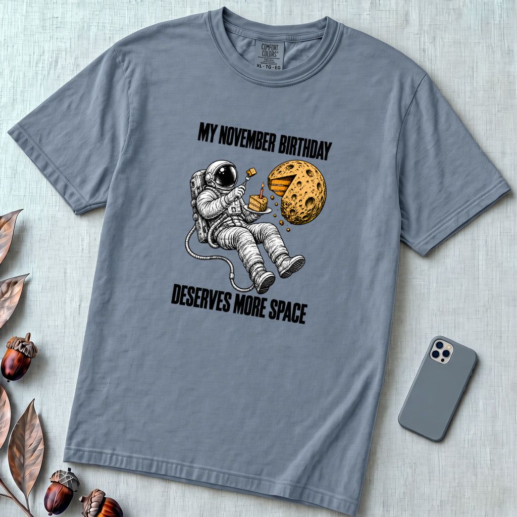 November Birthday Astronaut T-Shirt, Deserves More Space - Blue Jean unfolded t-shirt mockup