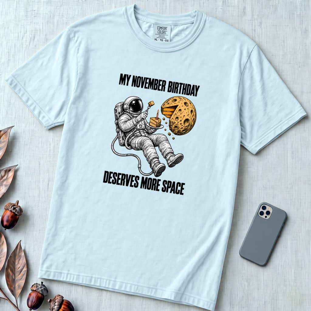 November Birthday Astronaut T-Shirt, Deserves More Space - Chambray unfolded t-shirt mockup
