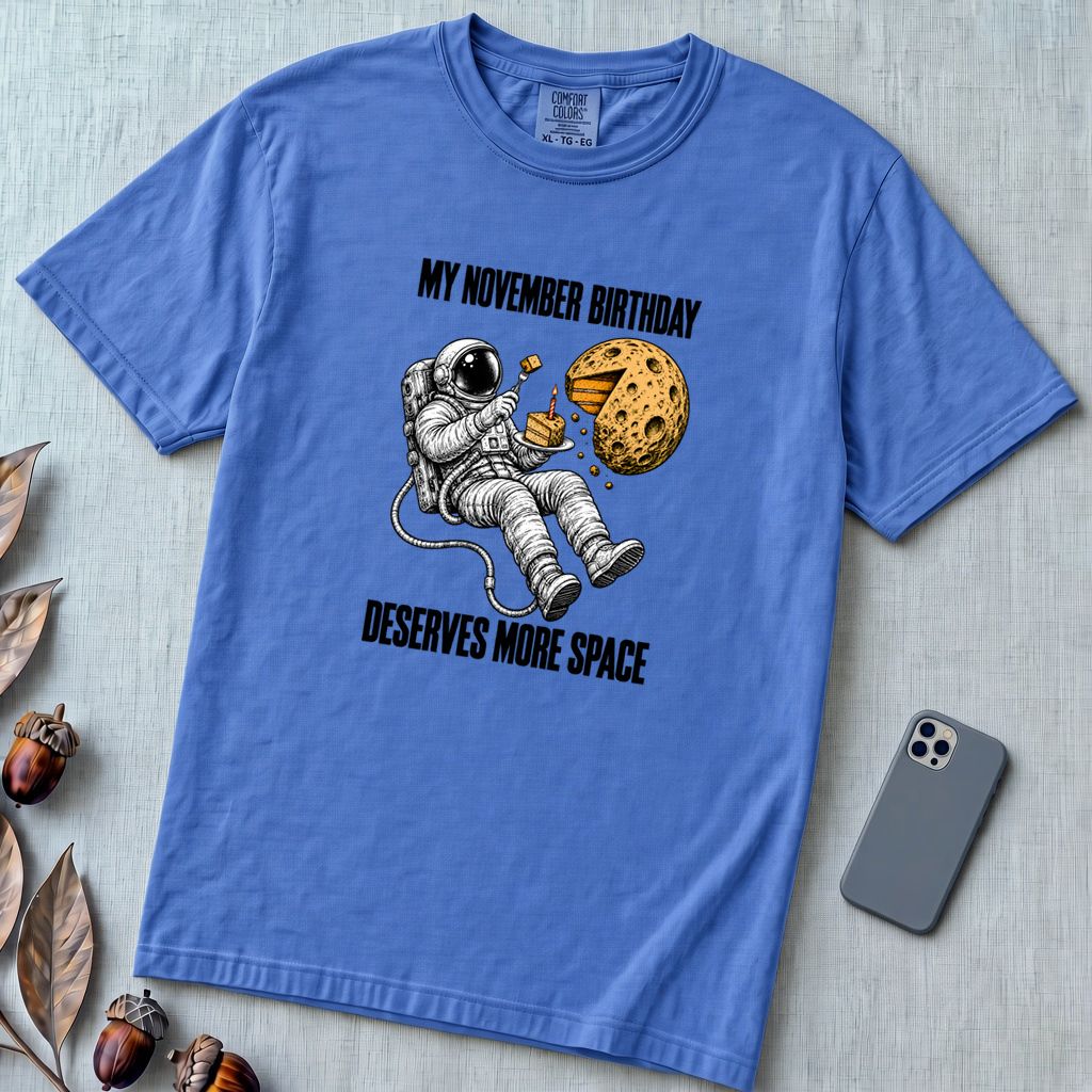 November Birthday Astronaut T-Shirt, Deserves More Space - Flo Blue unfolded t-shirt mockup